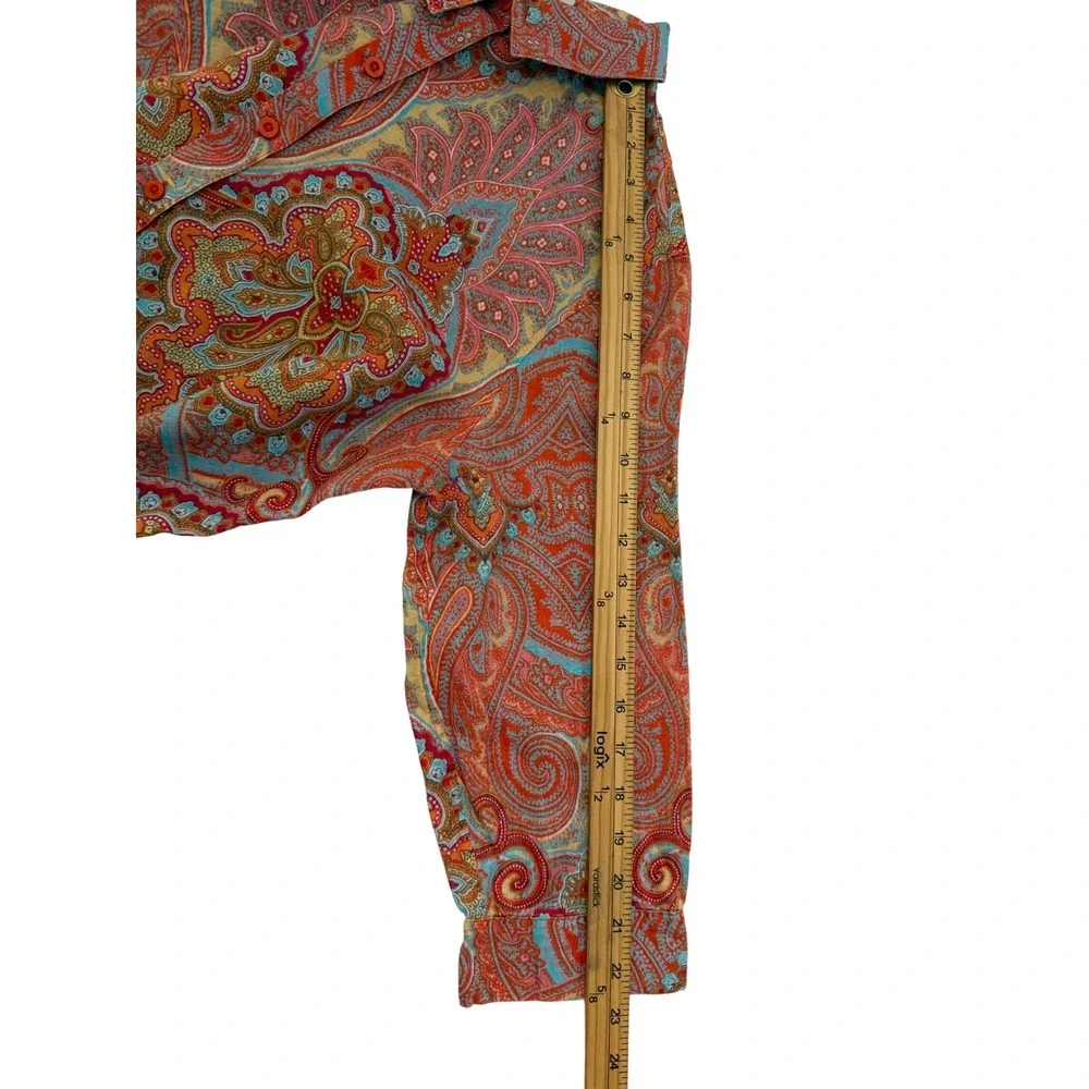 Chicos No Iron Linen Paisley Button Down Shirt Orange Blue Size 1 Medium